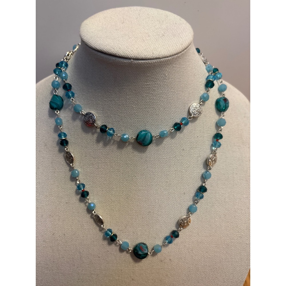 Bohemian Beaded Layered Necklace Blue Teal Silver Tone Rhinestones‎